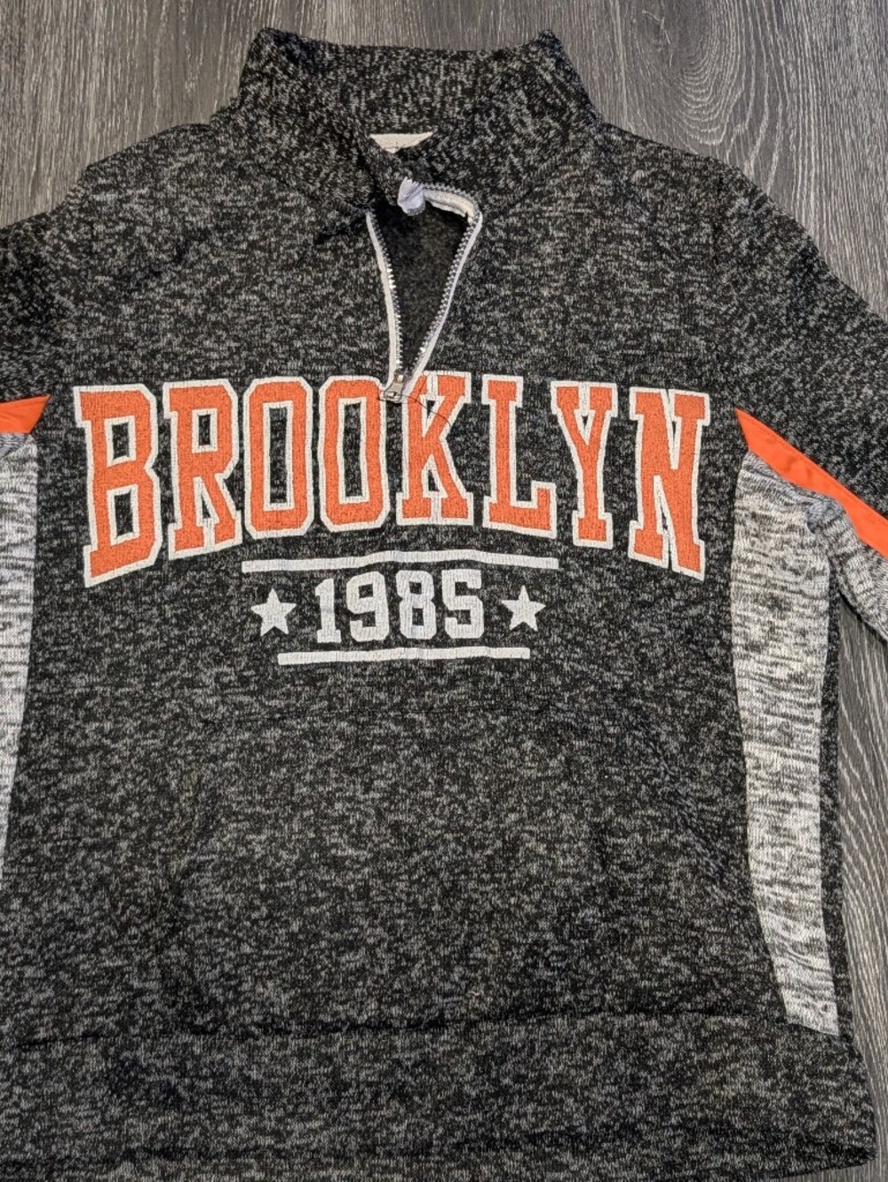 Love Womens Heathered Black Zip-Up Sweater with Orange 'Brooklyn' Graphic